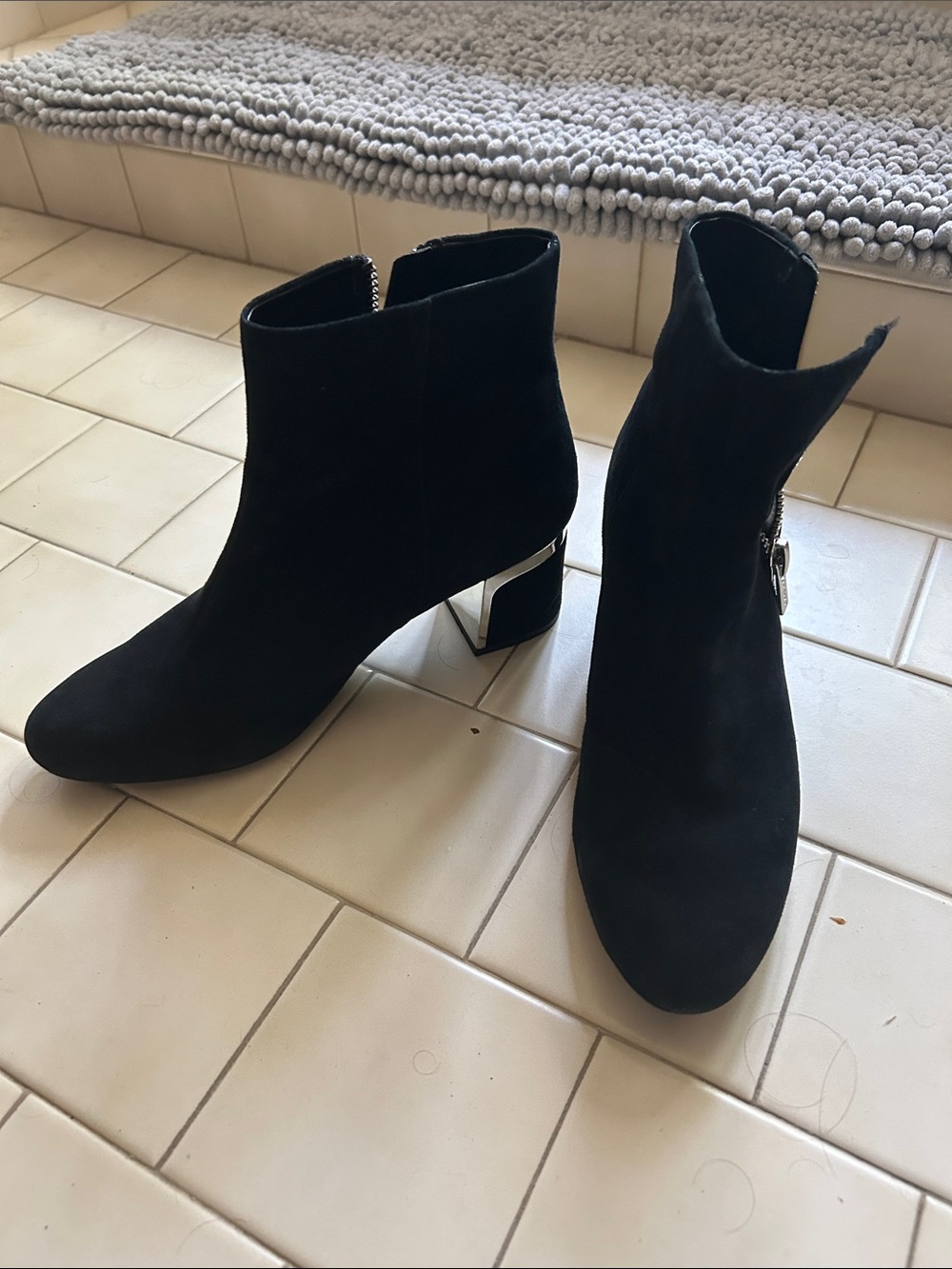 DKNY Black Suede Ankle Booties with Metallic Block Heel